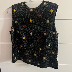 Adorable Vintage Sequin Floral Sleeveless Blouse